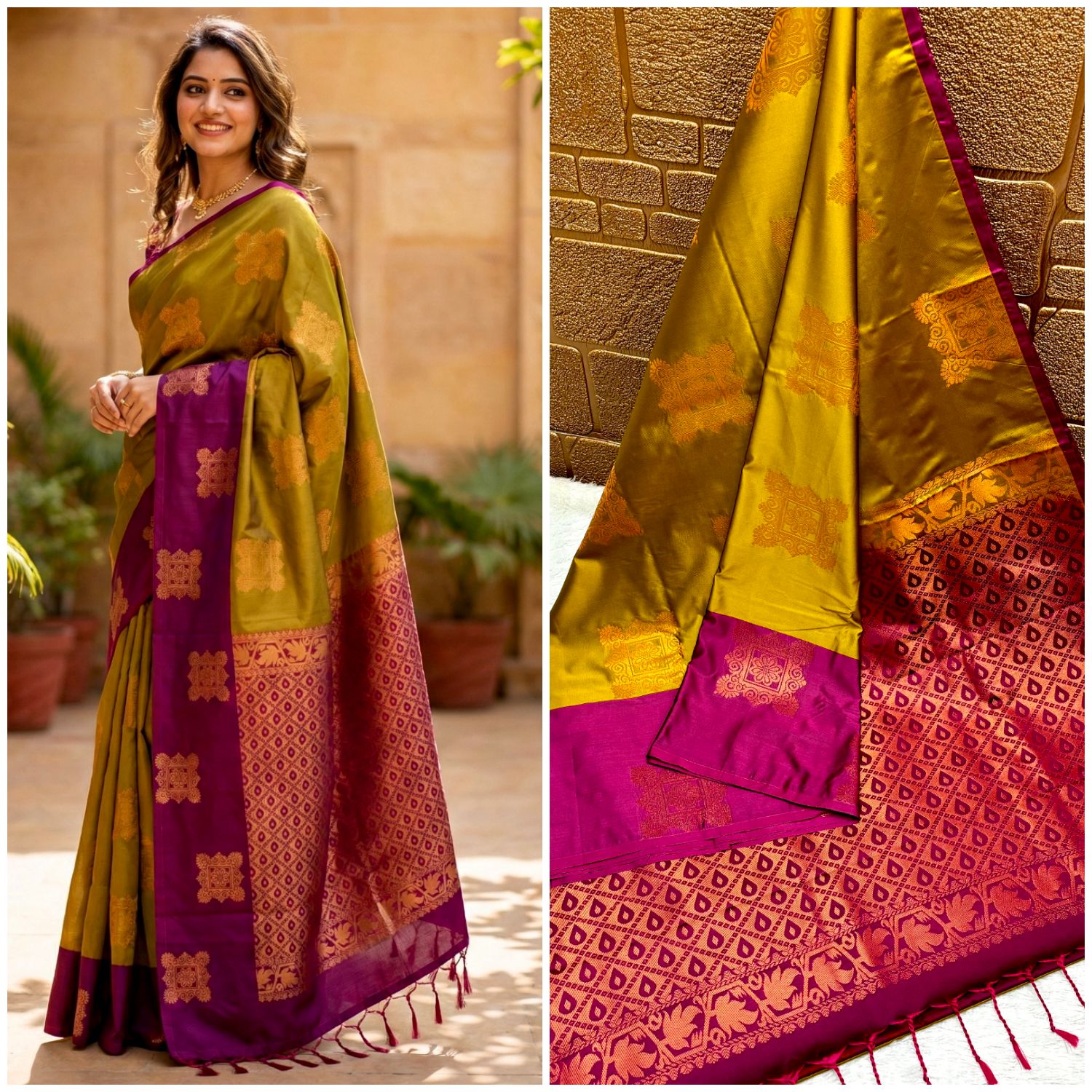 Lavender and Wine Red Kanchi Border Soft Silk Saree